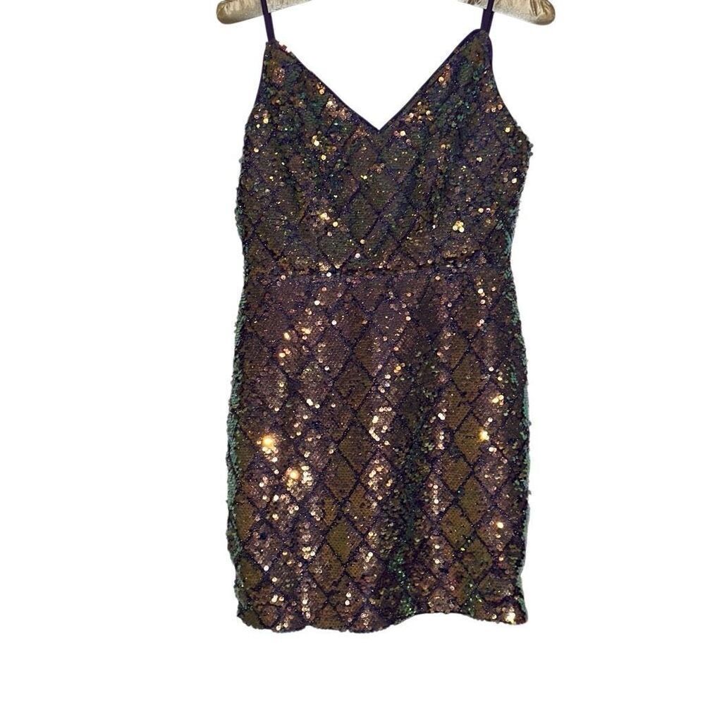 Faeriesty Purple Spaghetti Strap Sequin Bodycon Party Mini Dress Ladies Small